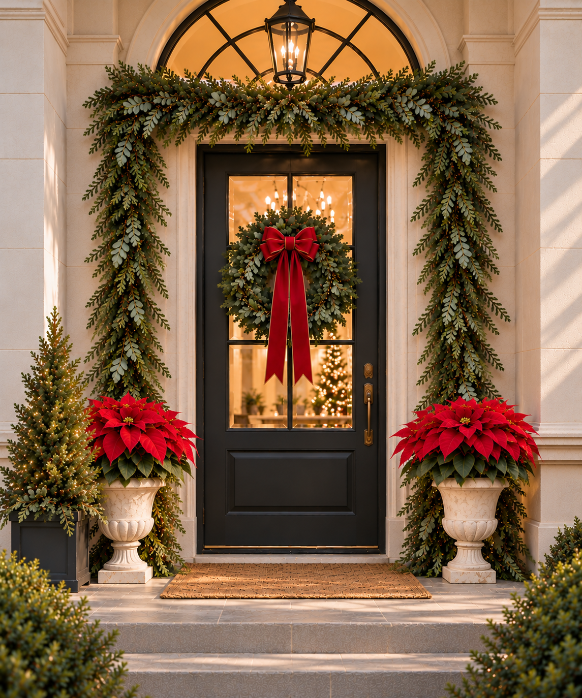The Evergreen Edit Christmas porch installation with fresh garland, wreath and poinsettias styled on a home in the north Houston area