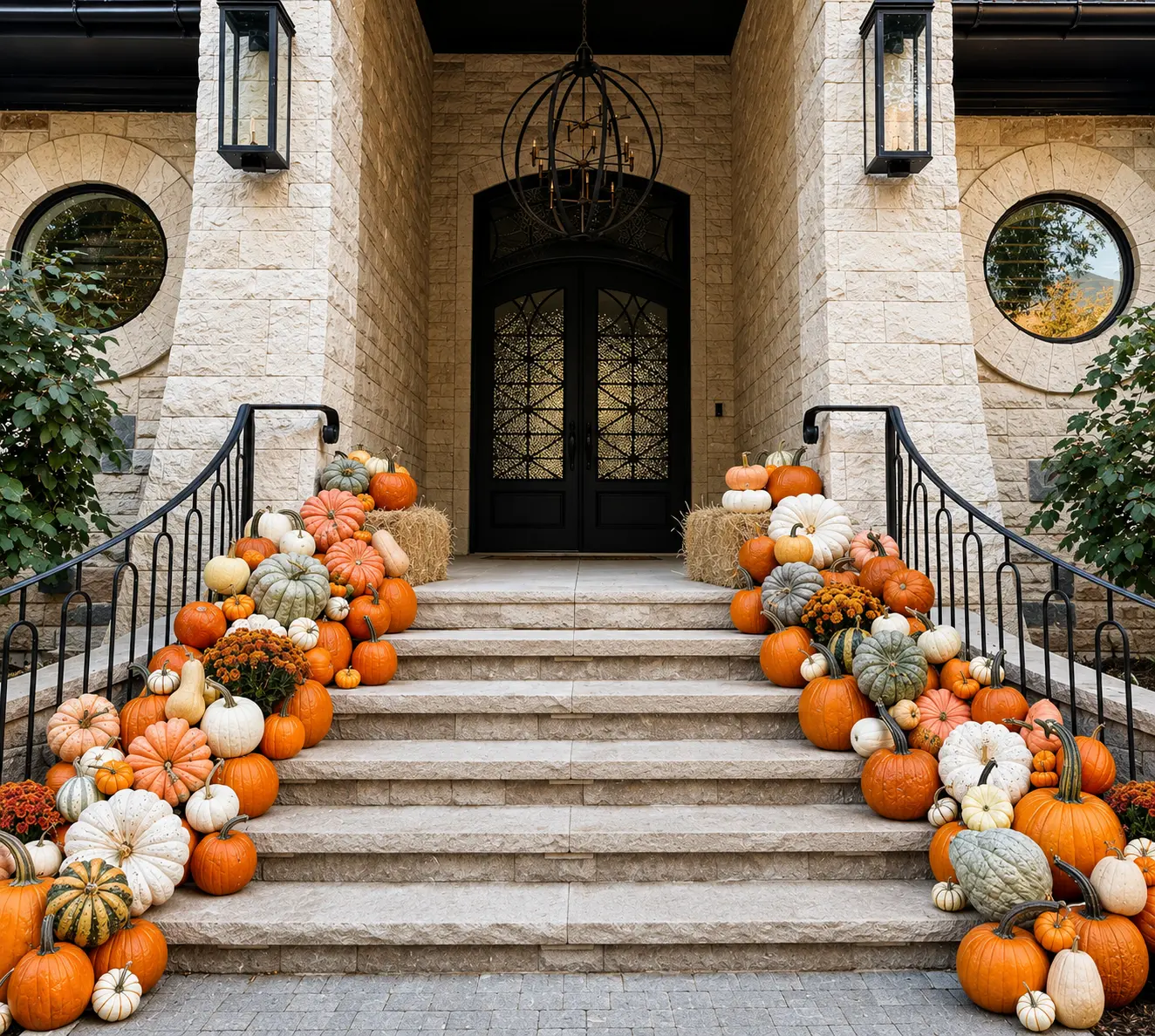Pumpkins in orange, white and green heirloom varieties cascading down a run of stone front stairs