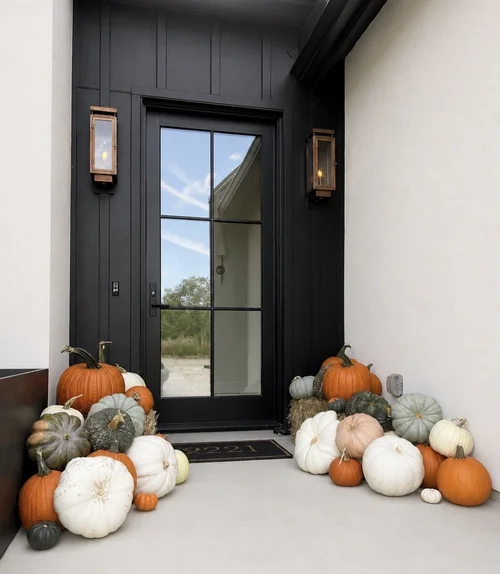 A black front door flanked by symmetric clusters of orange, white, heirloom and specialty pumpkins with hay bales at a home in The Woodlands, Texas