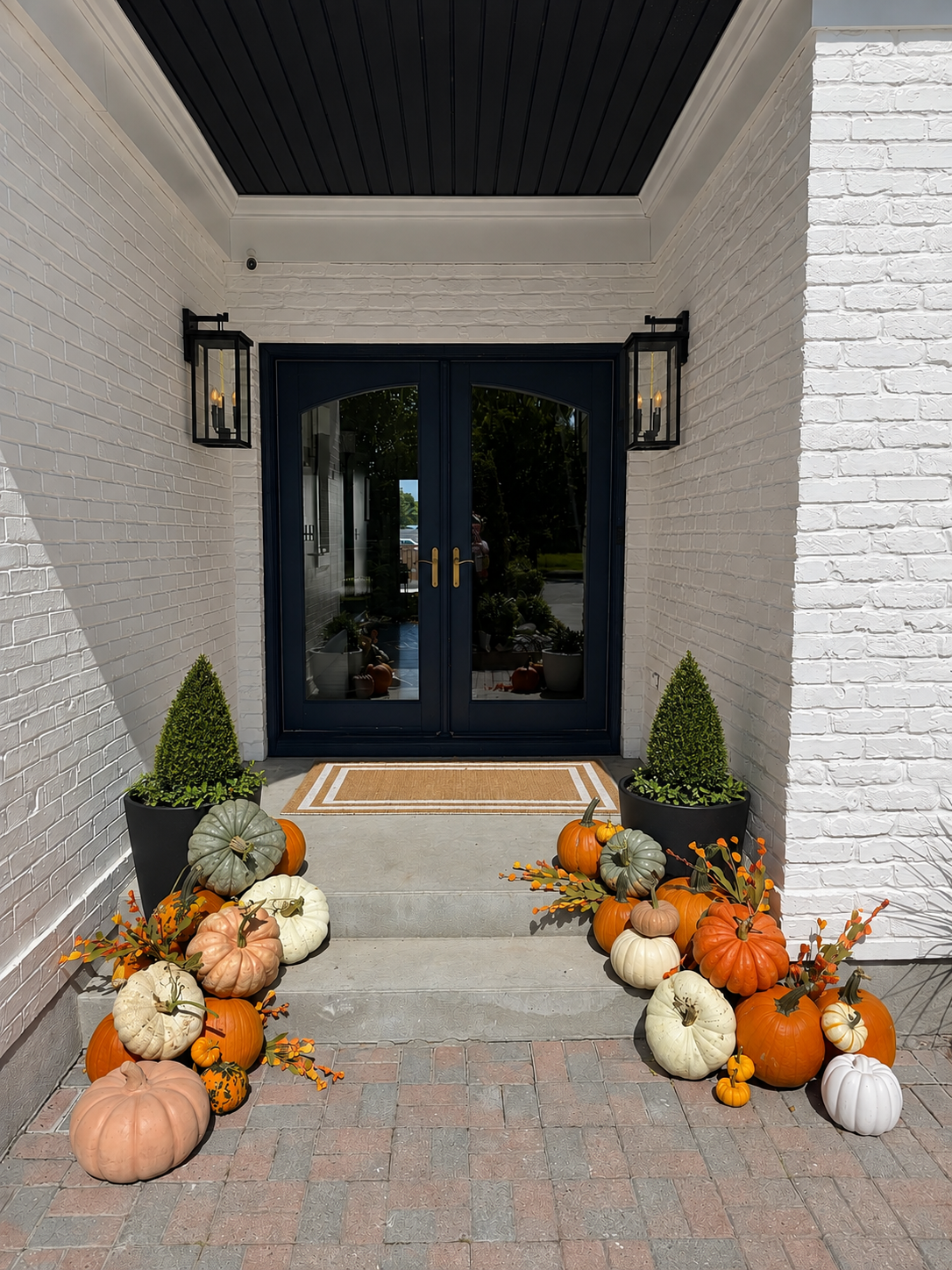 Navy double front door with boxwood planters and orange and white pumpkins with fall sprays along the steps
