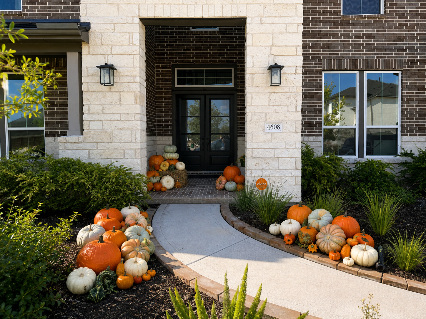 The Signature fall pumpkin porch installation with orange, white and heirloom pumpkins styled on a home in the north Houston area