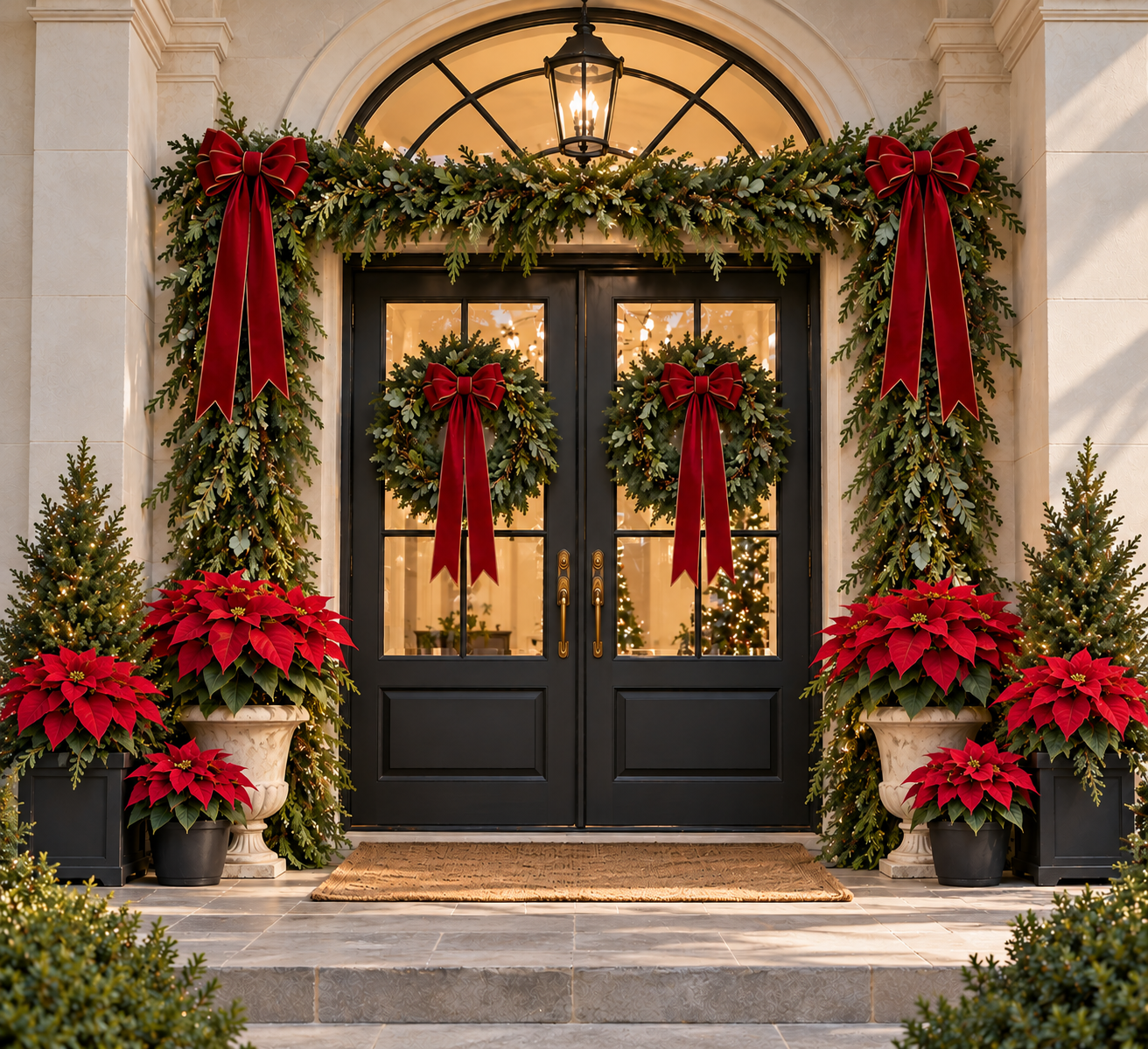 The Grand Noel Christmas porch installation with fresh garland, wreath and poinsettias styled on a home in the north Houston area