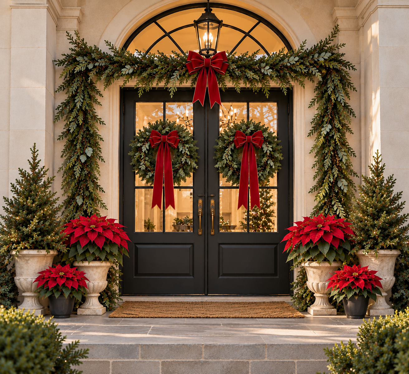 The Holiday Signature: black double doors framed with fresh evergreen garland, two wreaths with velvet bows, stone urns and poinsettias