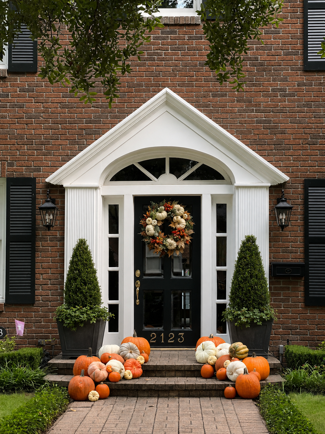 Traditional brick home entry with a pumpkin wreath and pumpkins lining the front steps