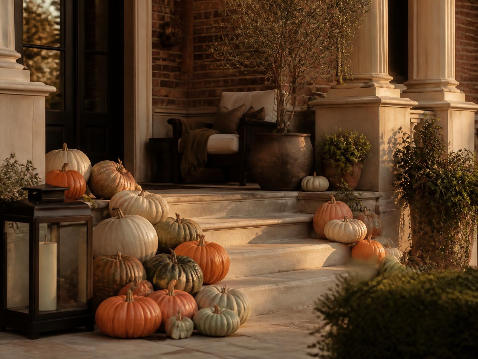 Luxury fall pumpkin porch installation with orange, white and heirloom pumpkins on stone steps at golden hour